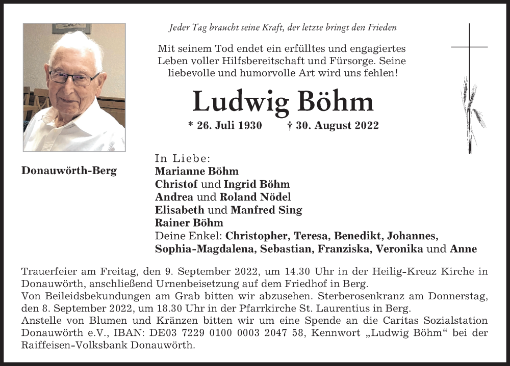 Traueranzeige von Ludwig Böhm von Donauwörther Zeitung