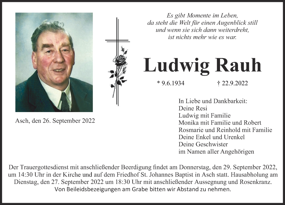  Traueranzeige für Ludwig Rauh vom 26.09.2022 aus Landsberger Tagblatt