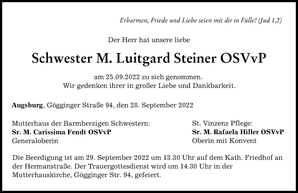  Traueranzeige für Luitgard Steiner vom 28.09.2022 aus Augsburger Allgemeine