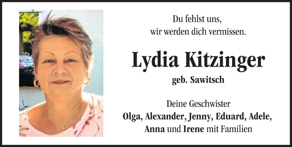 Traueranzeige von Lydia Kitzinger von Donau Zeitung