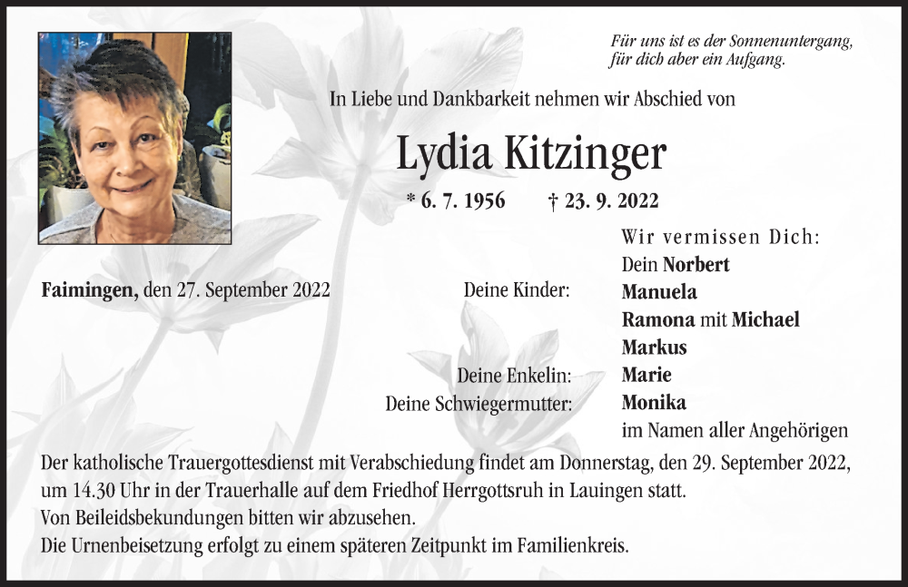  Traueranzeige für Lydia Kitzinger vom 27.09.2022 aus Donau Zeitung
