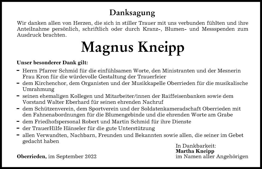  Traueranzeige für Magnus Kneipp vom 23.09.2022 aus Mindelheimer Zeitung