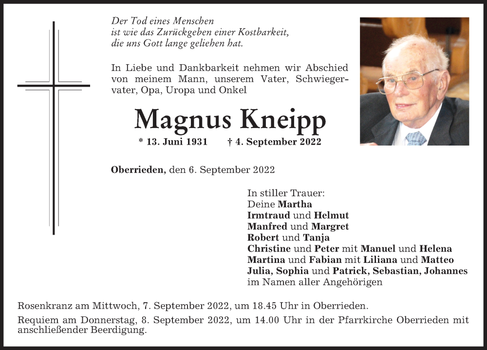  Traueranzeige für Magnus Kneipp vom 06.09.2022 aus Mindelheimer Zeitung