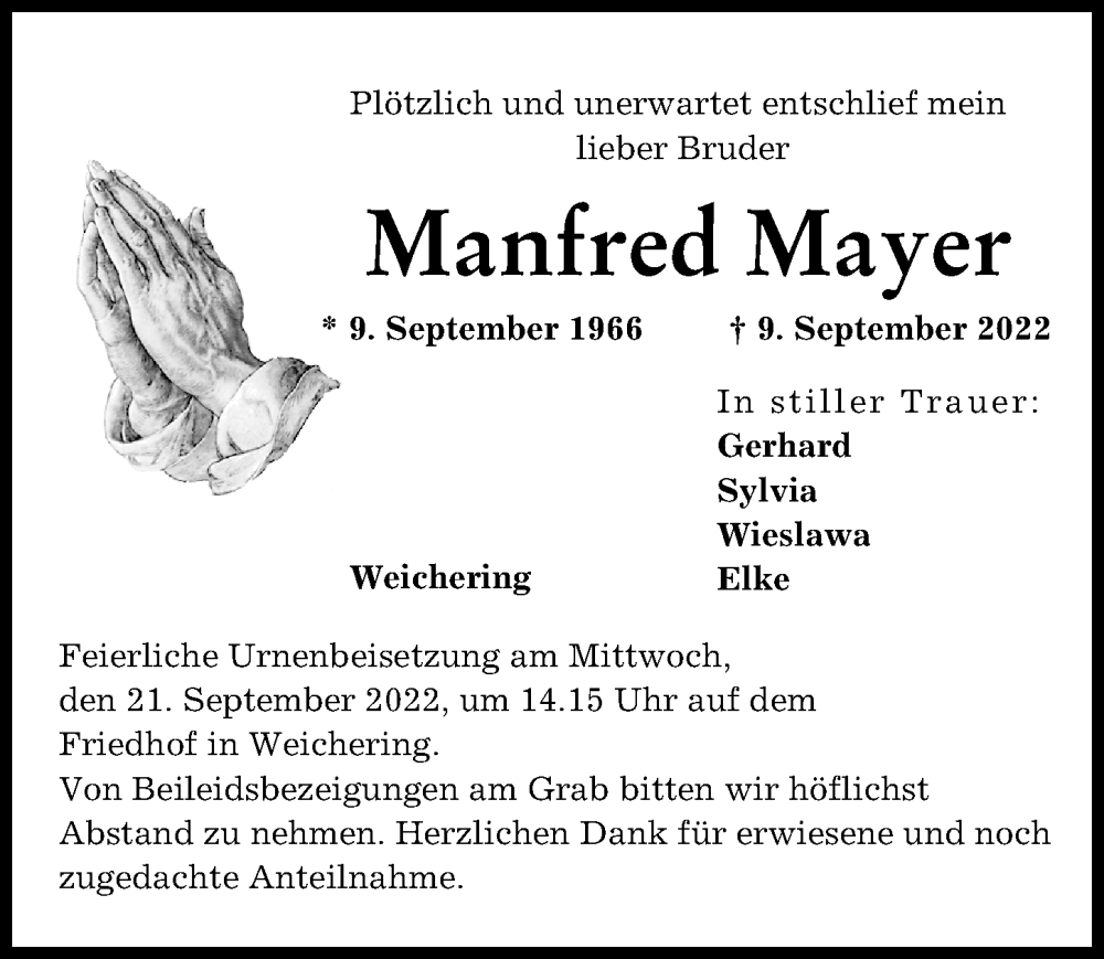  Traueranzeige für Manfred Mayer vom 17.09.2022 aus Neuburger Rundschau