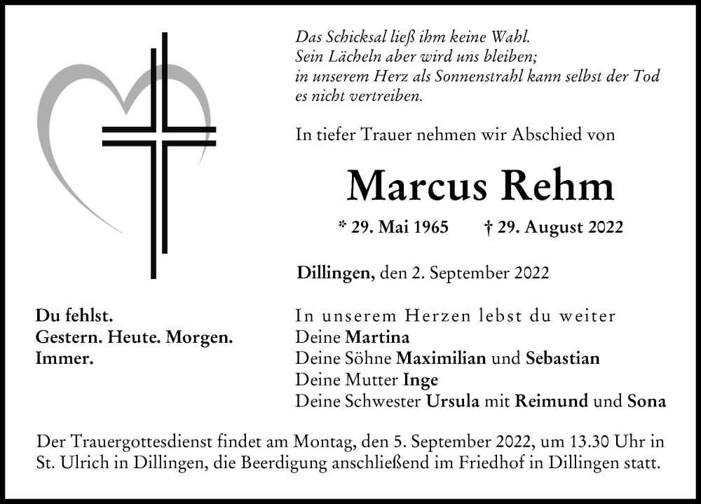 Traueranzeige von Marcus Rehm von Donau Zeitung