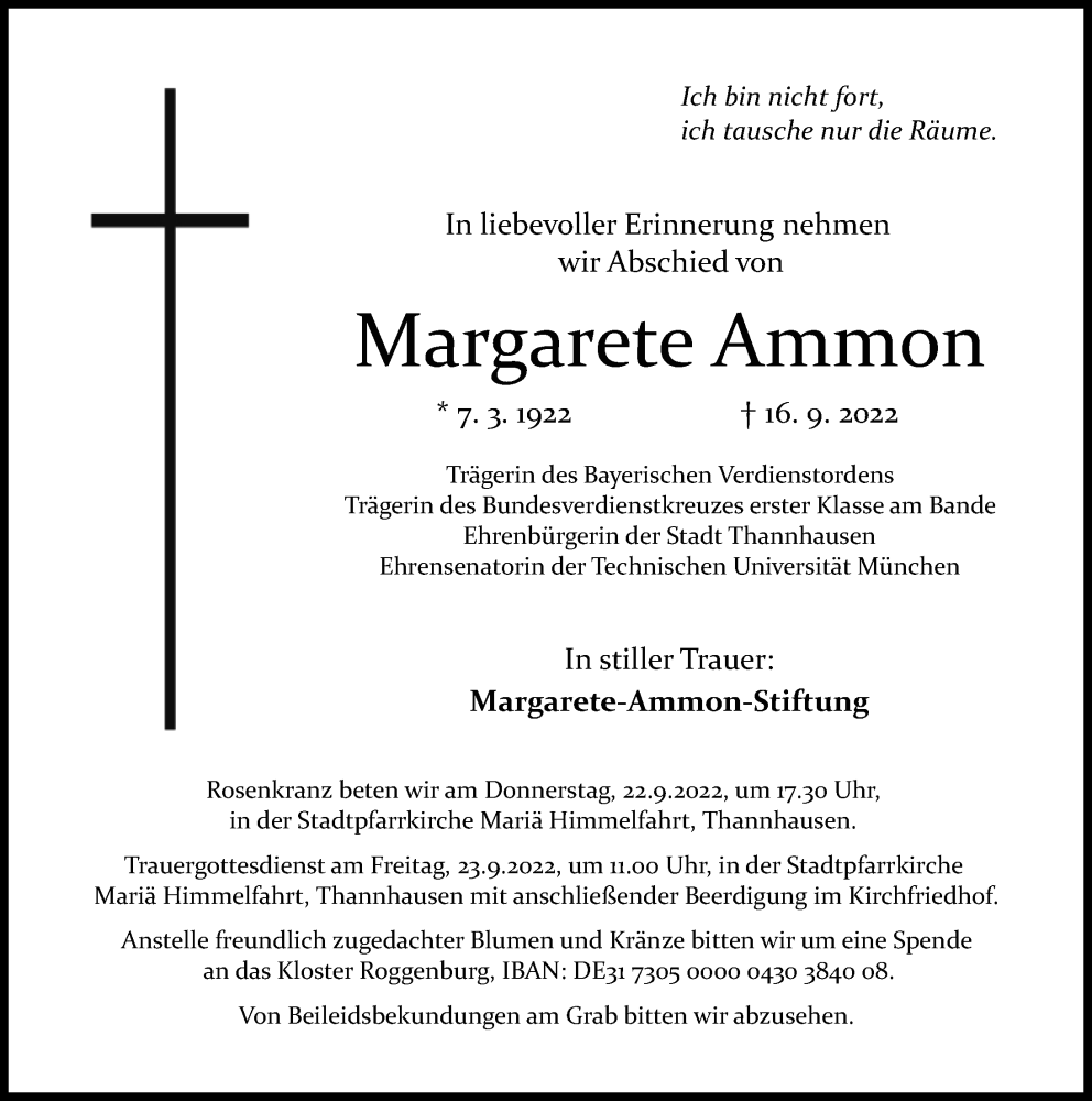  Traueranzeige für Margarete Ammon vom 21.09.2022 aus Mittelschwäbische Nachrichten, Günzburger Zeitung