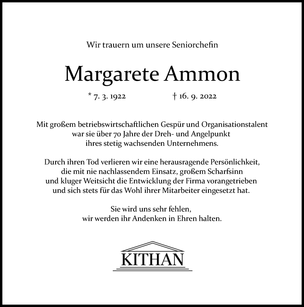  Traueranzeige für Margarete Ammon vom 21.09.2022 aus Mittelschwäbische Nachrichten, Günzburger Zeitung