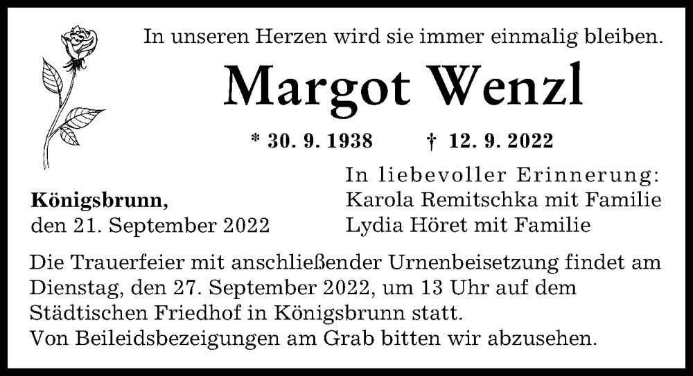  Traueranzeige für Margot Wenzl vom 21.09.2022 aus Augsburger Allgemeine