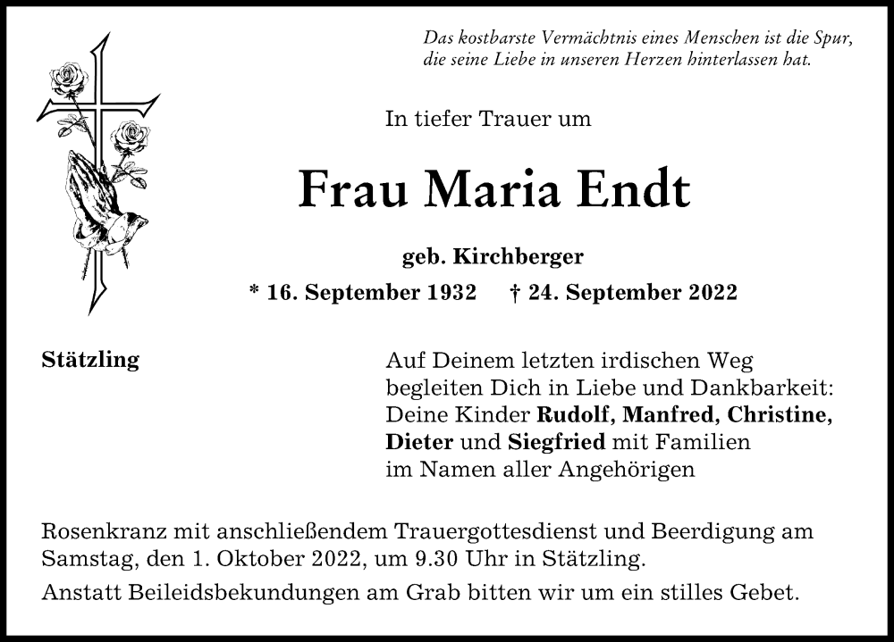 Traueranzeige für Maria Endt vom 30.09.2022 aus Augsburger Allgemeine