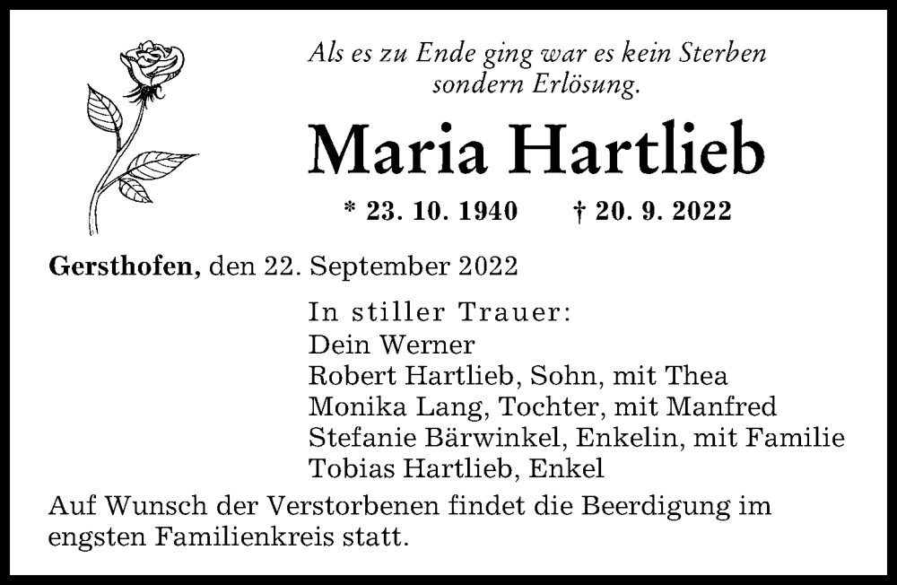 Traueranzeige von Maria Hartlieb von Augsburger Allgemeine