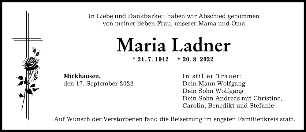 Traueranzeige von Maria Ladner von Augsburger Allgemeine