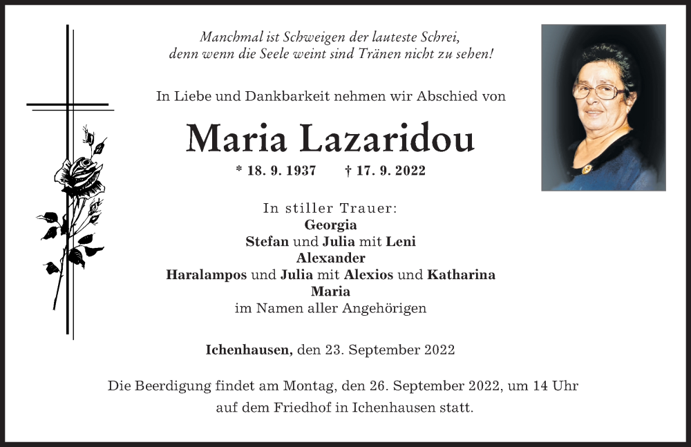  Traueranzeige für Maria Lazaridou vom 23.09.2022 aus Günzburger Zeitung