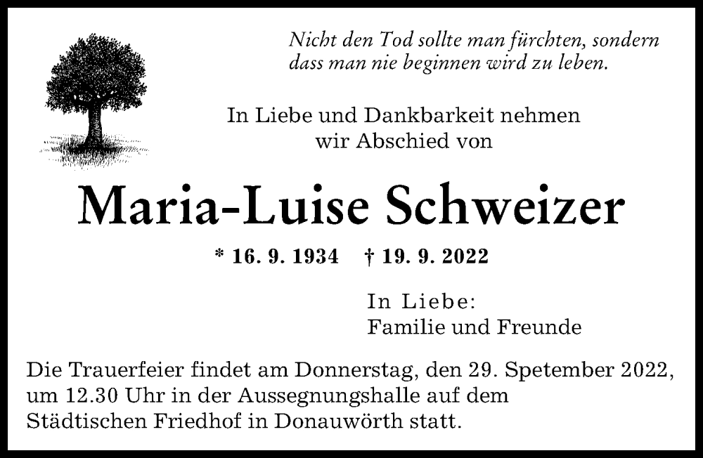 Traueranzeige von Maria-Luise Schweizer von Donauwörther Zeitung