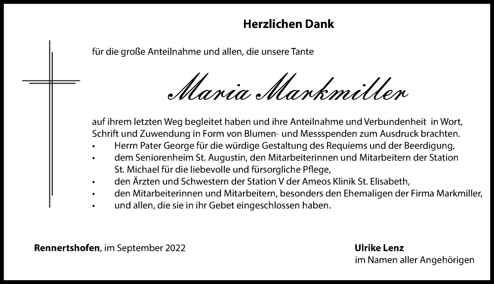 Traueranzeige von Maria Markmiller von Neuburger Rundschau