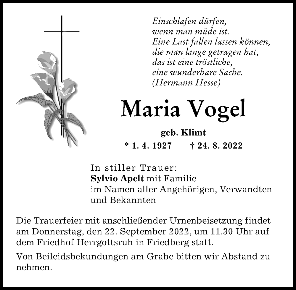 Traueranzeige von Maria Vogel von Friedberger Allgemeine