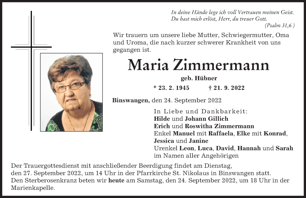  Traueranzeige für Maria Zimmermann vom 24.09.2022 aus Wertinger Zeitung