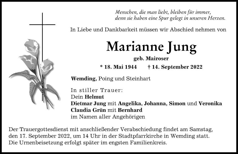 Traueranzeige von Marianne Jung von Rieser Nachrichten, Donauwörther Zeitung