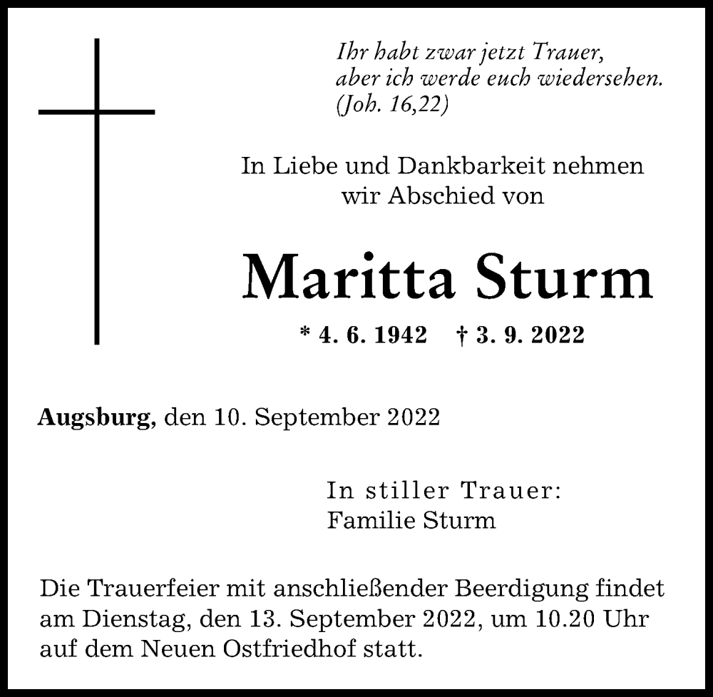 Traueranzeige von Maritta Sturm von Augsburger Allgemeine