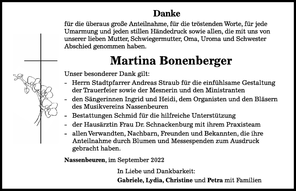 Traueranzeige von Martina Bonenberger von Mindelheimer Zeitung