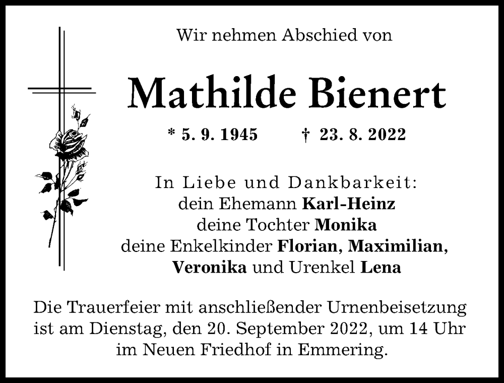 Traueranzeige von Mathilde Bienert von Friedberger Allgemeine