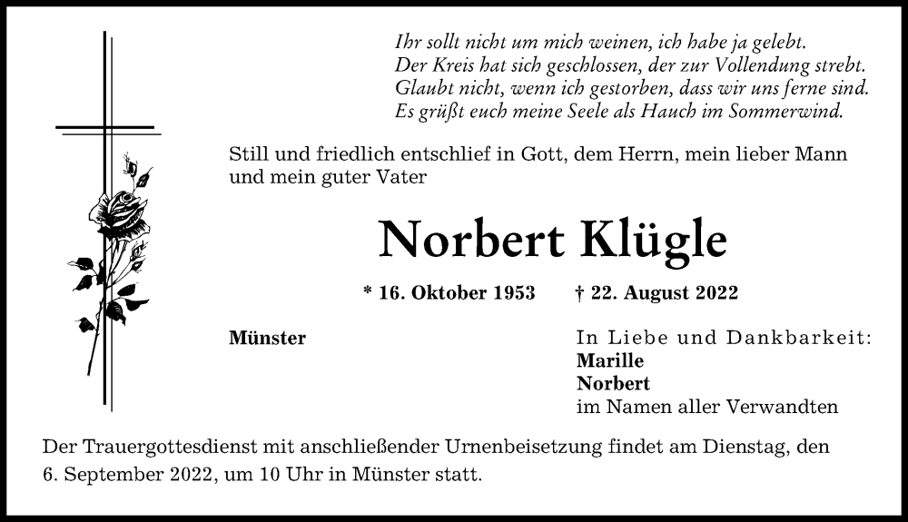 Traueranzeige von Norbert Klügle von Neuburger Rundschau, Donauwörther Zeitung