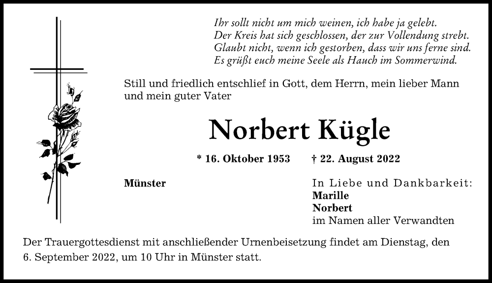 Traueranzeige von Norbert Kügle von Neuburger Rundschau, Donauwörther Zeitung