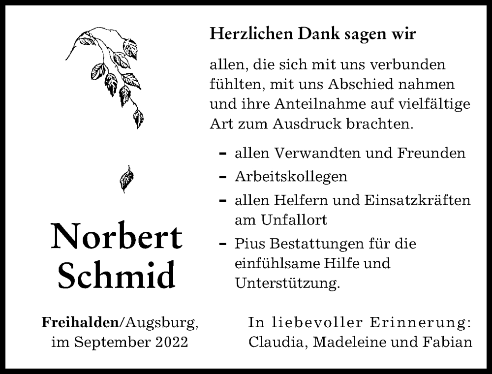 Traueranzeige von Norbert Schmid von Augsburger Allgemeine