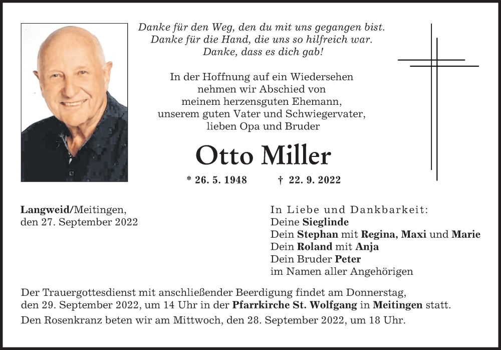  Traueranzeige für Otto Miller vom 27.09.2022 aus Wertinger Zeitung, Augsburg-Land