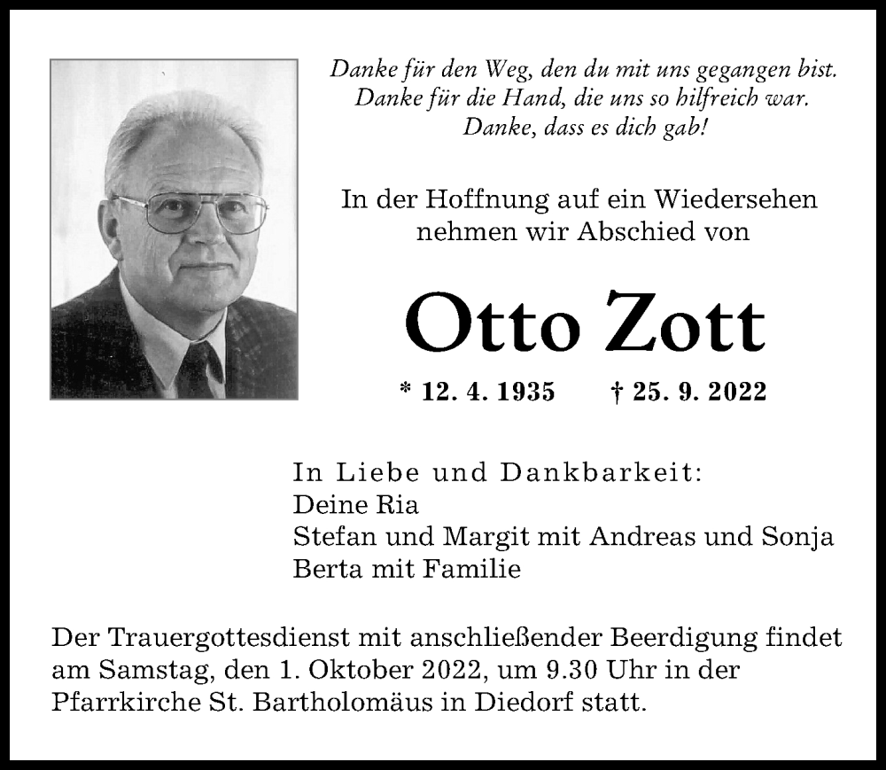 Traueranzeige von Otto Zott von Augsburger Allgemeine