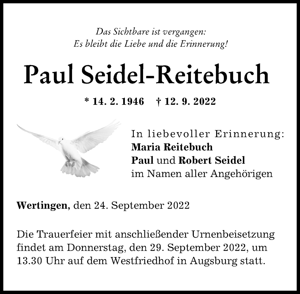 Traueranzeige von Paul Seidel-Reitebuch von Wertinger Zeitung, Augsburger Allgemeine