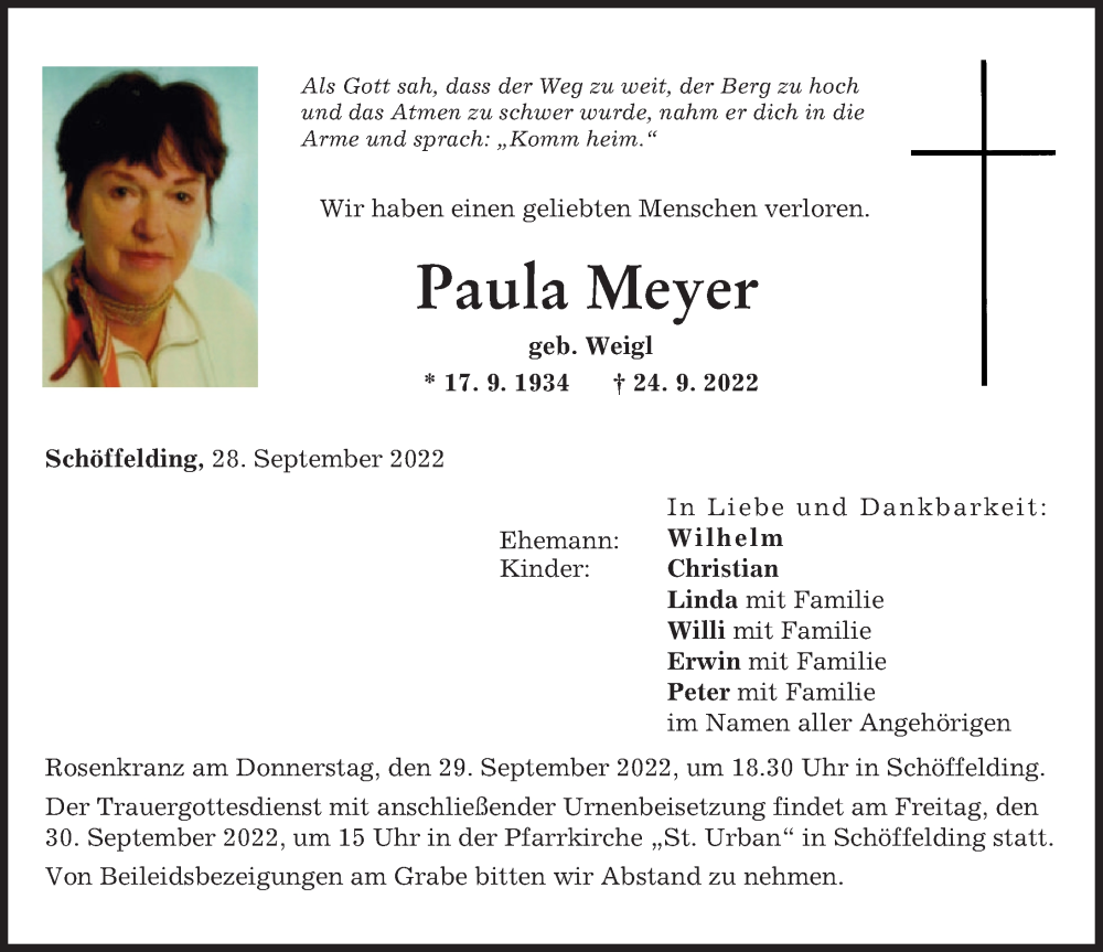  Traueranzeige für Paula Meyer vom 28.09.2022 aus Landsberger Tagblatt