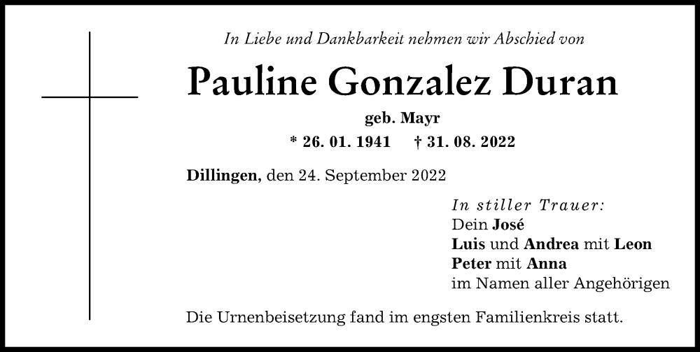 Traueranzeige von Pauline Gonzalez Duran von Donau Zeitung