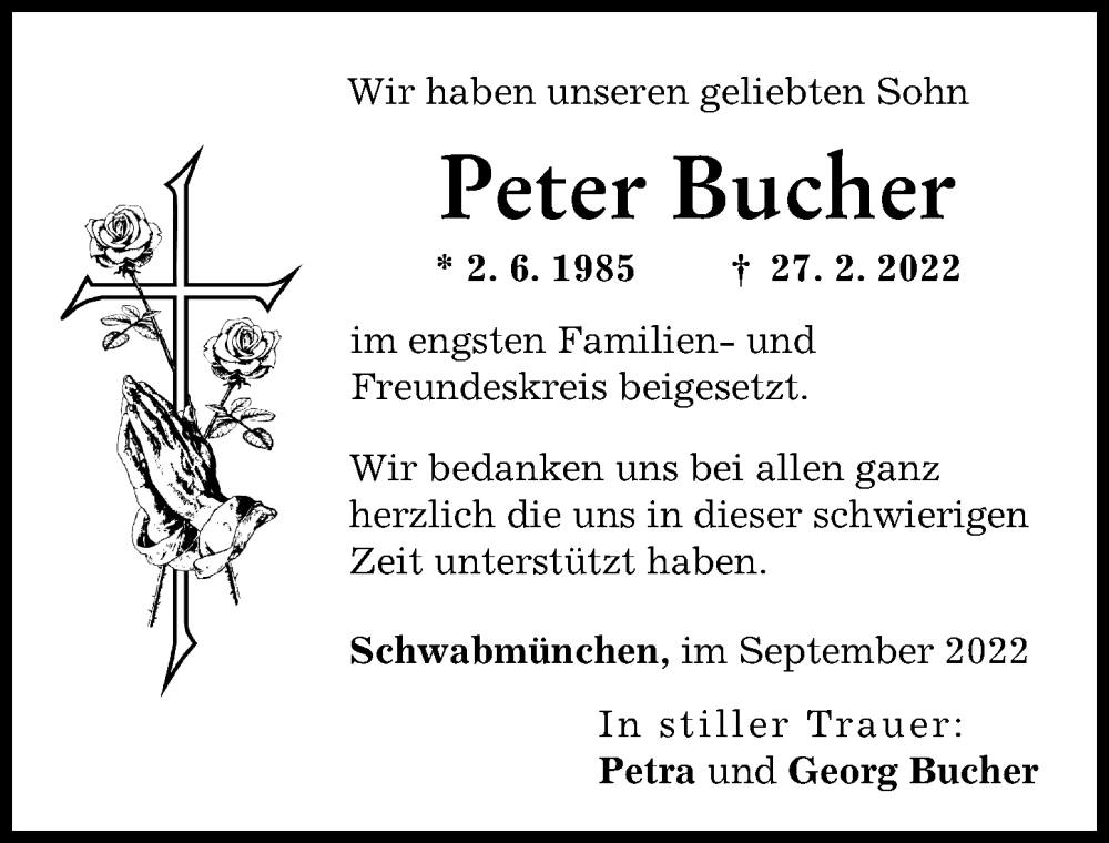 Traueranzeige von Peter Bucher von Schwabmünchner Allgemeine