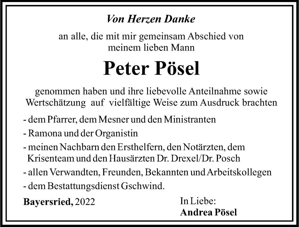 Traueranzeige von Peter Pösel von Mittelschwäbische Nachrichten