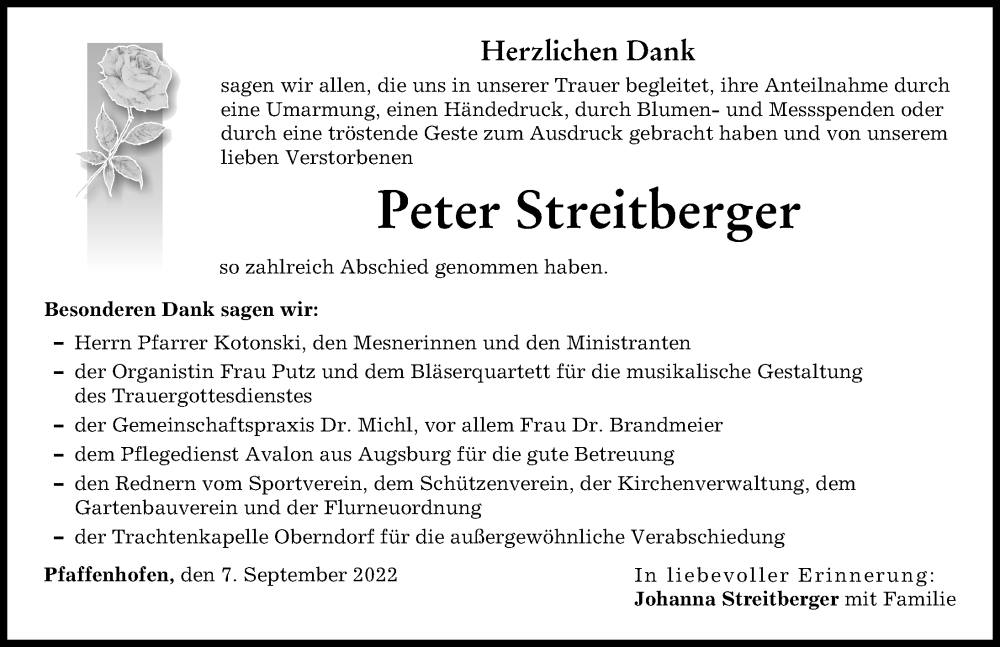 Traueranzeige von Peter Streitberger von Donauwörther Zeitung, Wertinger Zeitung