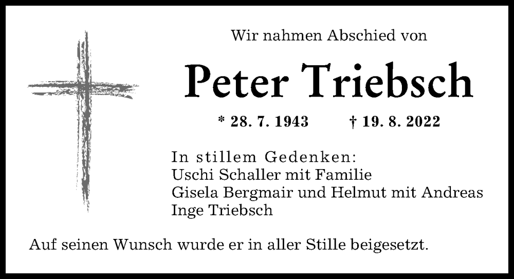 Traueranzeige von Peter Triebsch von Augsburger Allgemeine