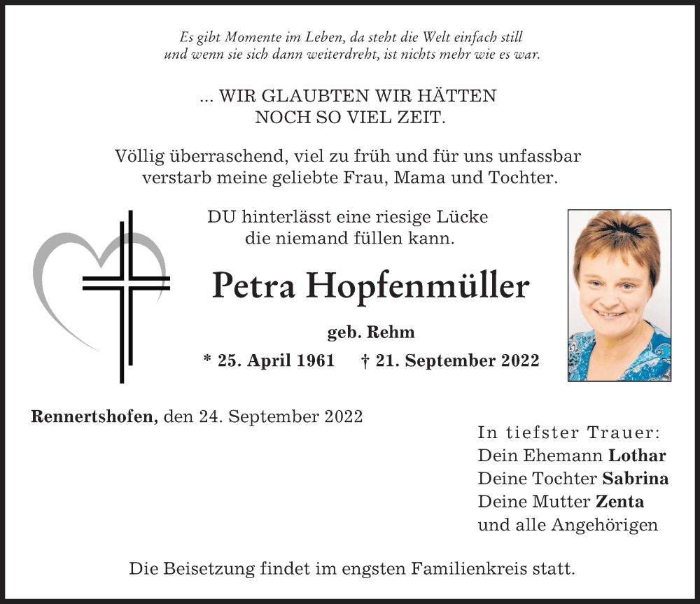  Traueranzeige für Petra Hopfenmüller vom 24.09.2022 aus Neuburger Rundschau