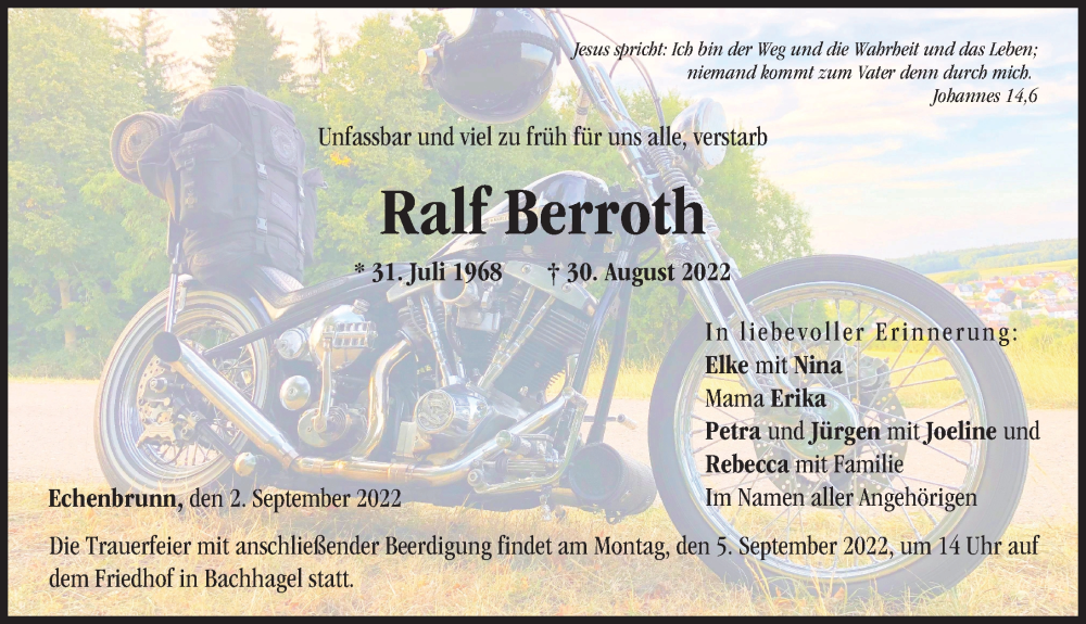  Traueranzeige für Ralf Berroth vom 02.09.2022 aus Donau Zeitung