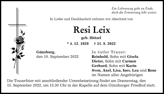 Traueranzeige von Resi Leix von Günzburger Zeitung