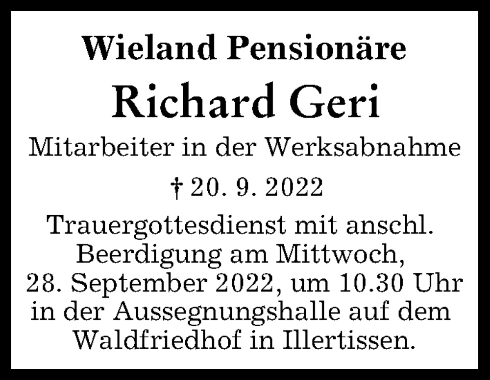  Traueranzeige für Richard Geri vom 27.09.2022 aus Illertisser Zeitung, Neu-Ulmer Zeitung