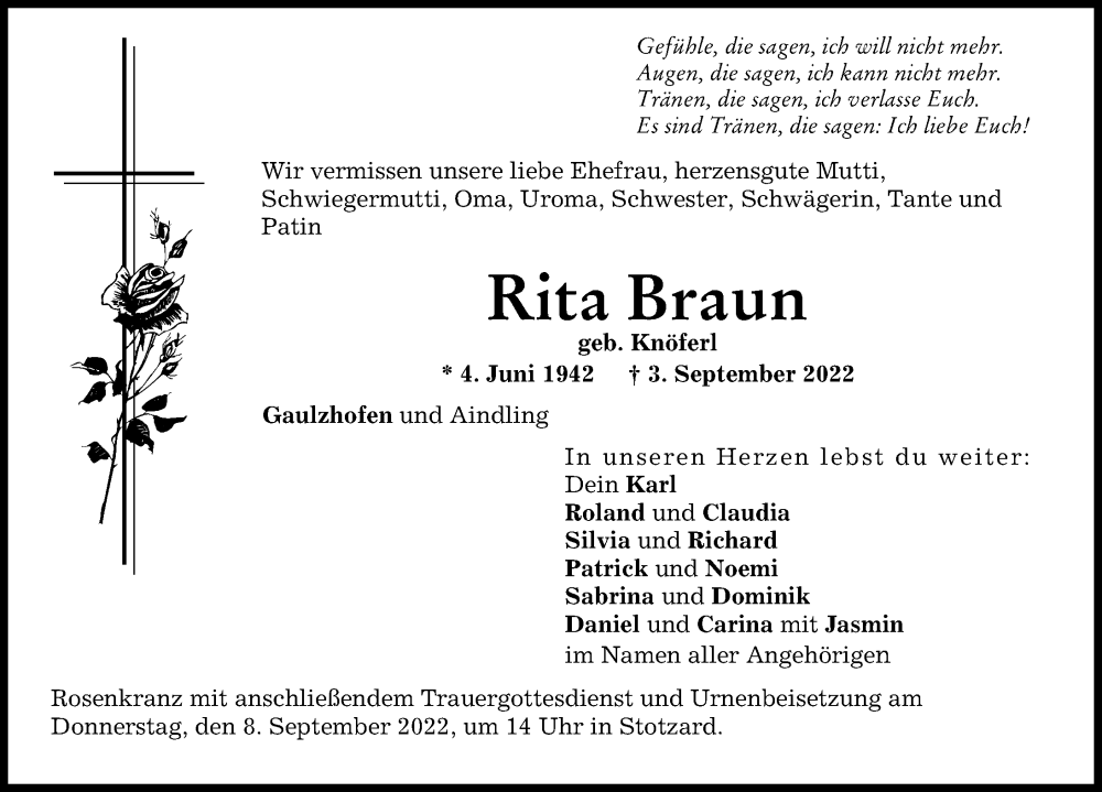  Traueranzeige für Rita Braun vom 05.09.2022 aus Aichacher Nachrichten