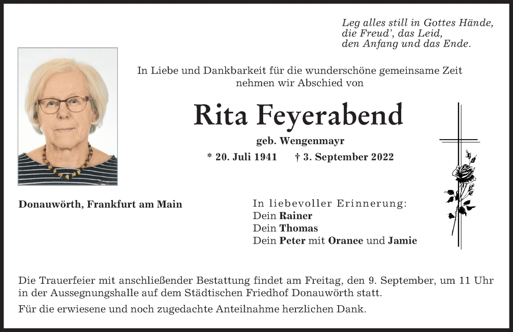 Traueranzeige von Rita Feyerabend von Donauwörther Zeitung