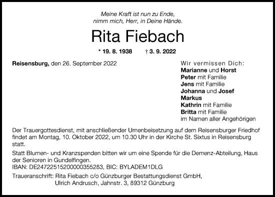 Traueranzeige von Rita Fiebach von Günzburger Zeitung