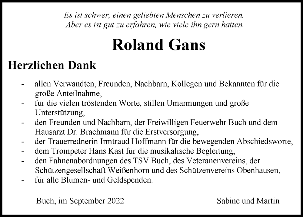  Traueranzeige für Roland Gans vom 08.09.2022 aus Illertisser Zeitung