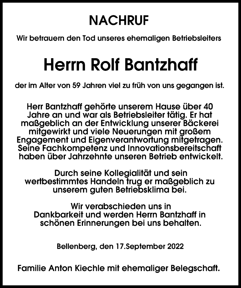  Traueranzeige für Rolf Bantzhaff vom 17.09.2022 aus Illertisser Zeitung