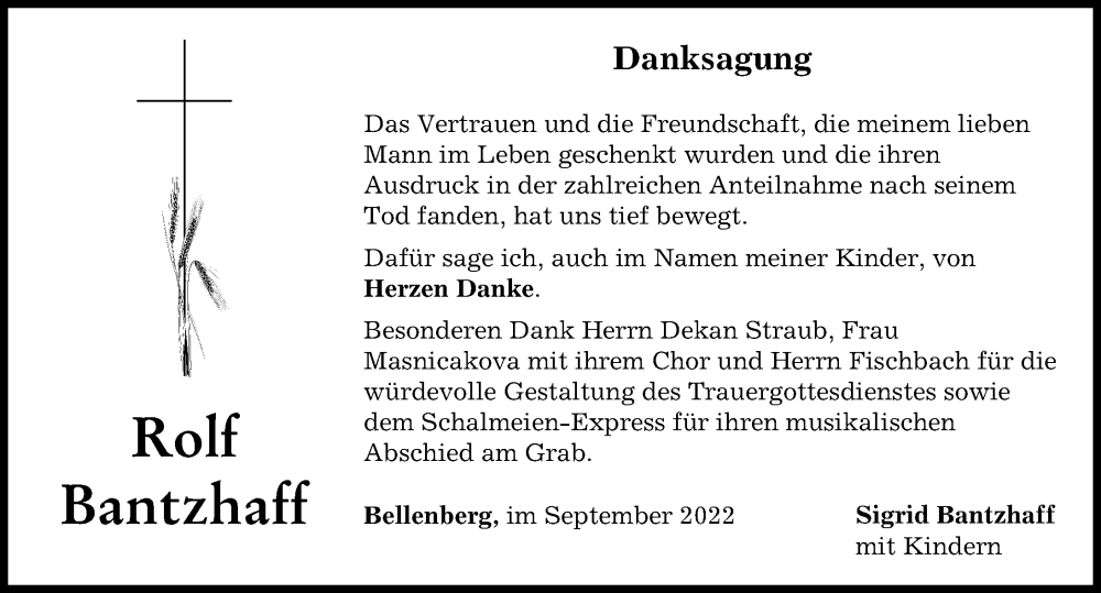  Traueranzeige für Rolf Bantzhaff vom 22.09.2022 aus Illertisser Zeitung