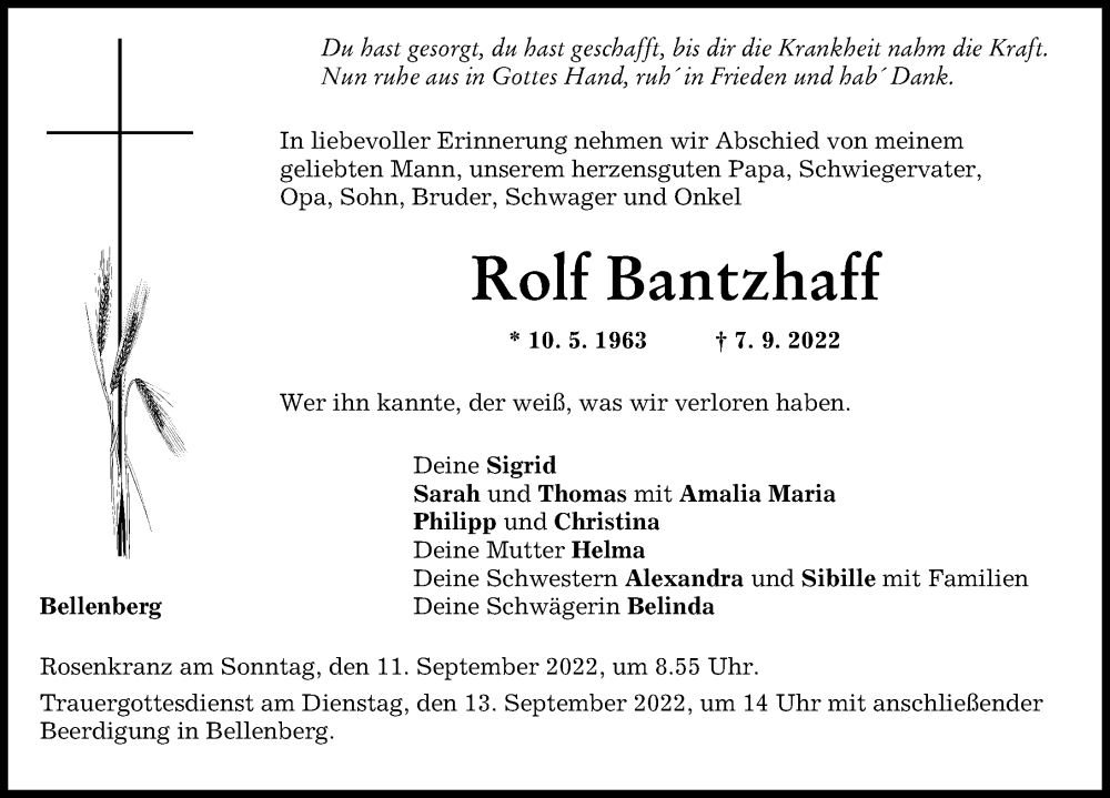  Traueranzeige für Rolf Bantzhaff vom 09.09.2022 aus Illertisser Zeitung