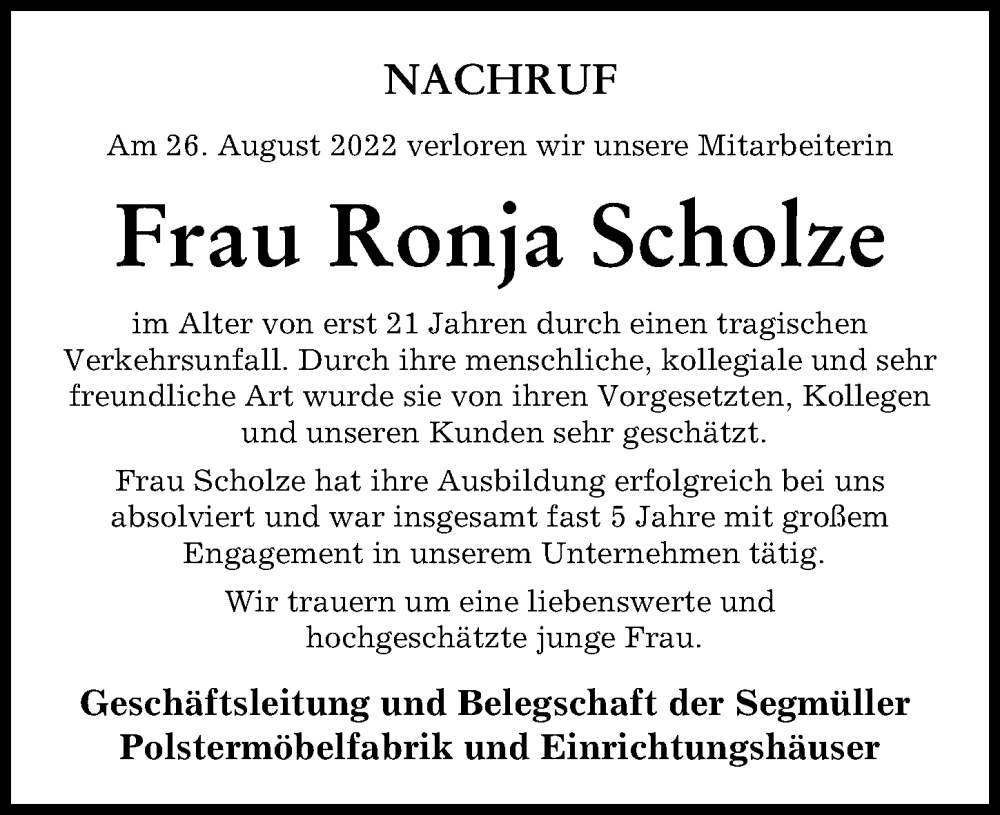  Traueranzeige für Ronja Scholze vom 10.09.2022 aus Friedberger Allgemeine