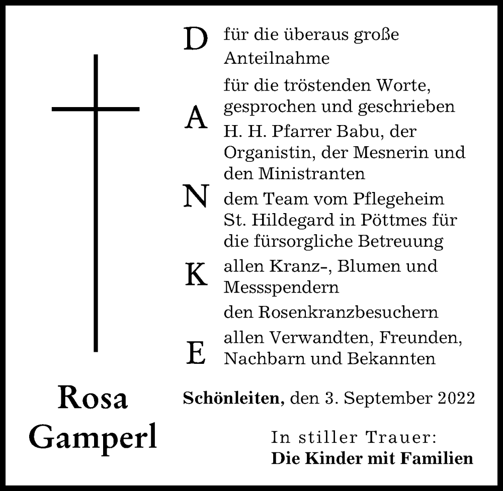 Traueranzeige von Rosa Gamperl von Aichacher Nachrichten