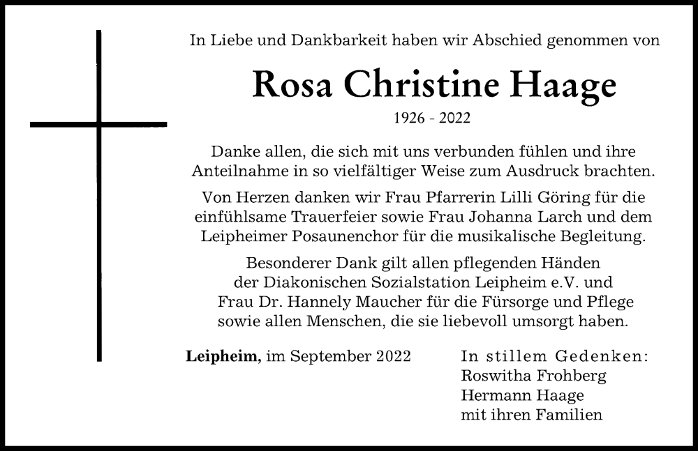  Traueranzeige für Rosa Christine Haage vom 03.09.2022 aus Günzburger Zeitung